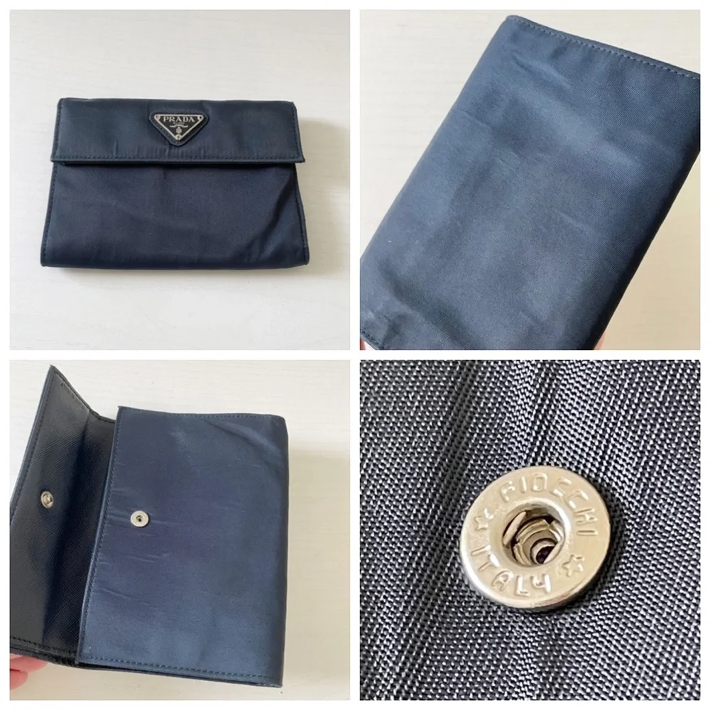 Prada navy blue Tessuto nylon triangle logo trifold medium snap wallet